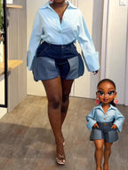 Short en jean foncé à poches à rabat superposées et coupe ample pour femme