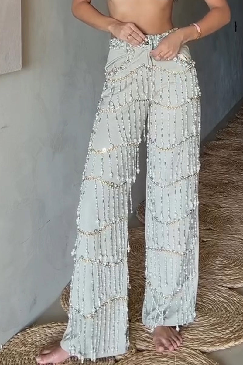 Pantalon orné de perles et de franges - Meilleures ventes mode femme
