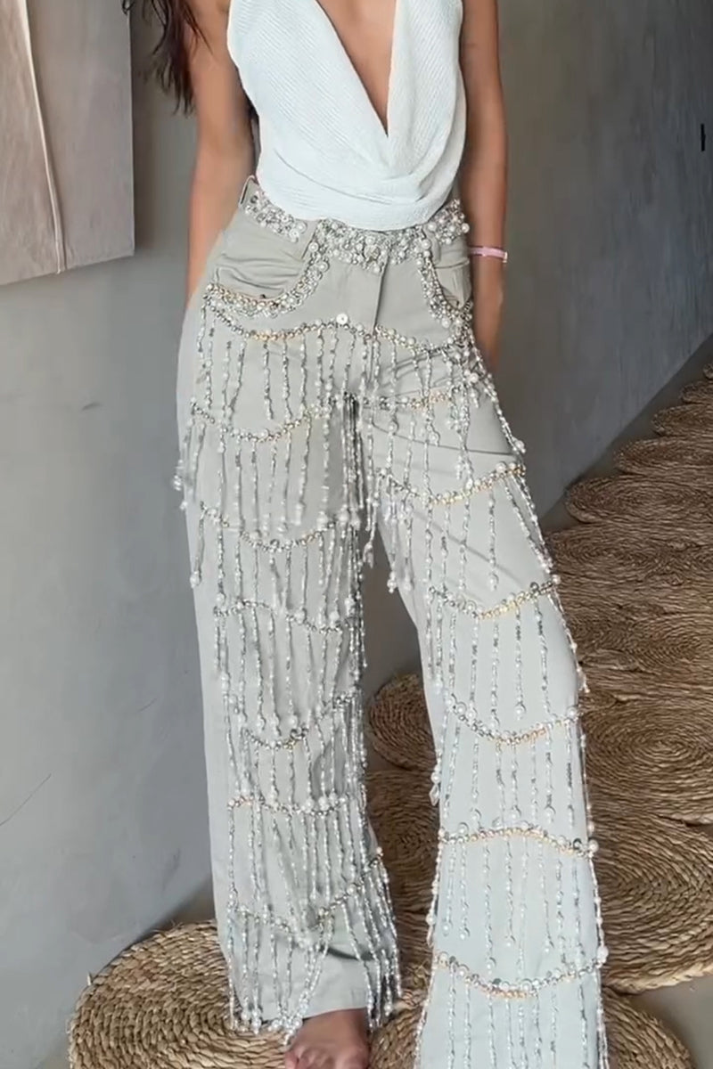 Pantalon orné de perles et de franges - Meilleures ventes mode femme