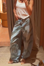 Jeans décontracté femme à jambes larges, patchwork, pompons et effet délavé