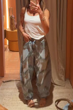 Jeans décontracté femme à jambes larges, patchwork, pompons et effet délavé
