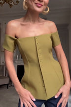 Haut élégant et décontracté pour femme, couleur unie, coupe asymétrique à une épaule, boutonnage simple.