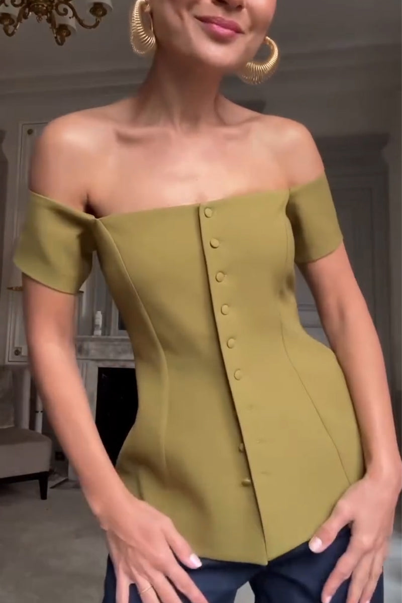 Haut élégant et décontracté pour femme, couleur unie, coupe asymétrique à une épaule, boutonnage simple.