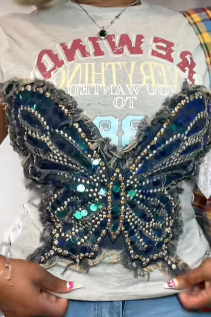 Haut court décontracté sans manches pour femme, style urbain, avec imprimé papillon en strass