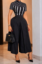 Chemisier femme décontracté à succès, à rayures verticales, asymétrique, drapé, col enveloppant, manches courtes OU Jupe-culotte ample taille haute à plis sur le devant et poches latérales