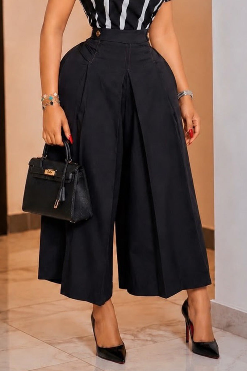 Chemisier femme décontracté à succès, à rayures verticales, asymétrique, drapé, col enveloppant, manches courtes OU Jupe-culotte ample taille haute à plis sur le devant et poches latérales