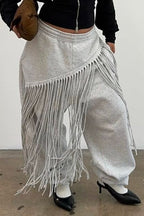 Pantalon de jogging taille haute élastiquée à bords roulés, avec franges brutes effilochées, pour femme