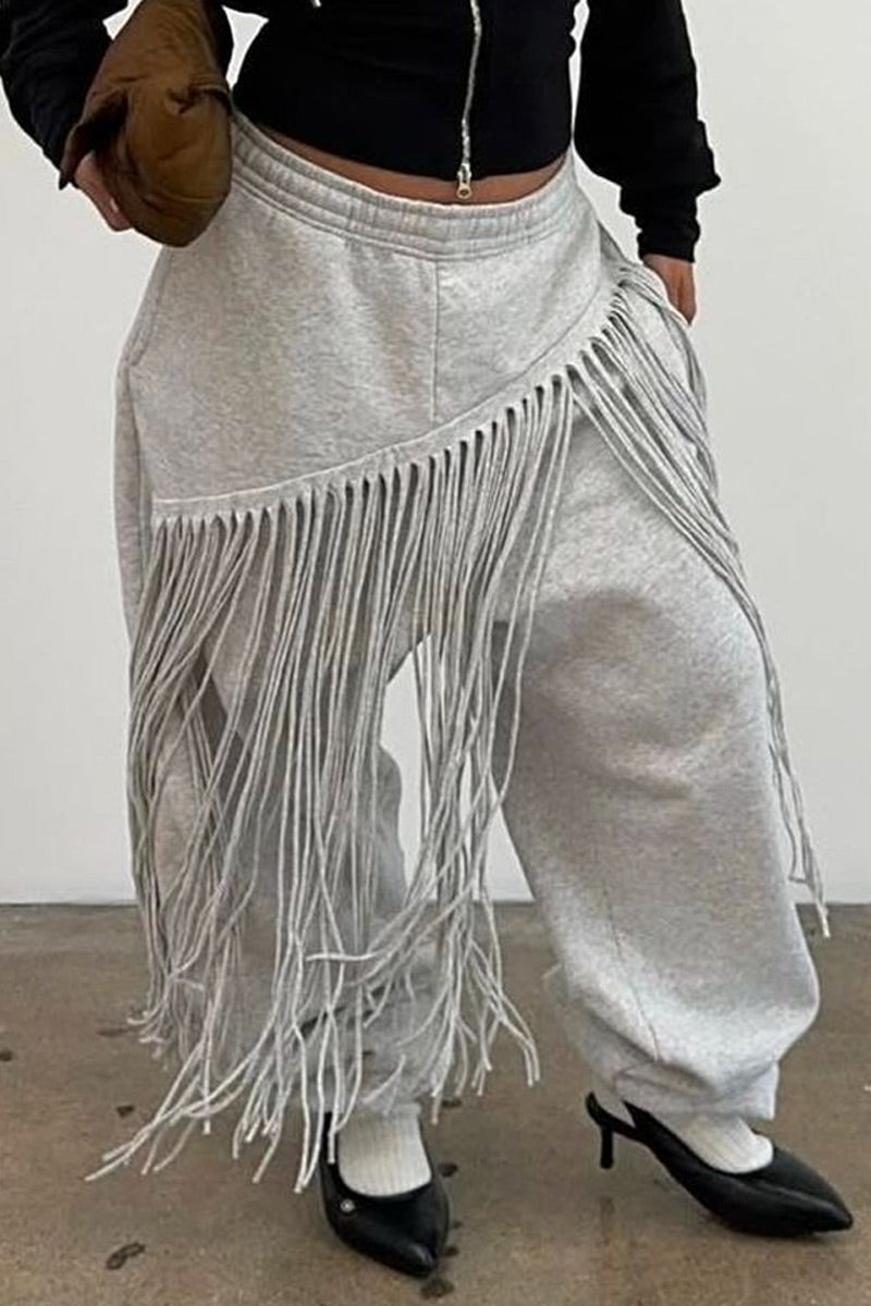 Pantalon de jogging taille haute élastiquée à bords roulés, avec franges brutes effilochées, pour femme