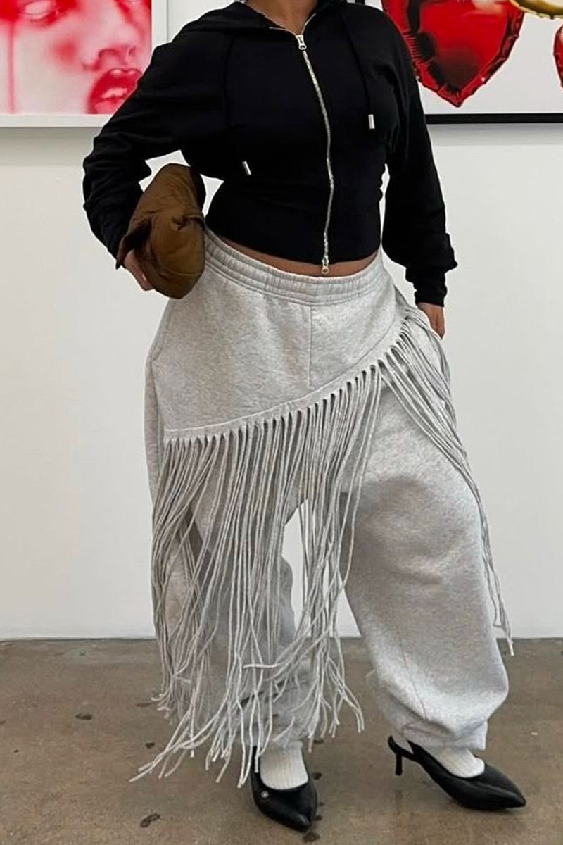 Pantalon de jogging taille haute élastiquée à bords roulés, avec franges brutes effilochées, pour femme