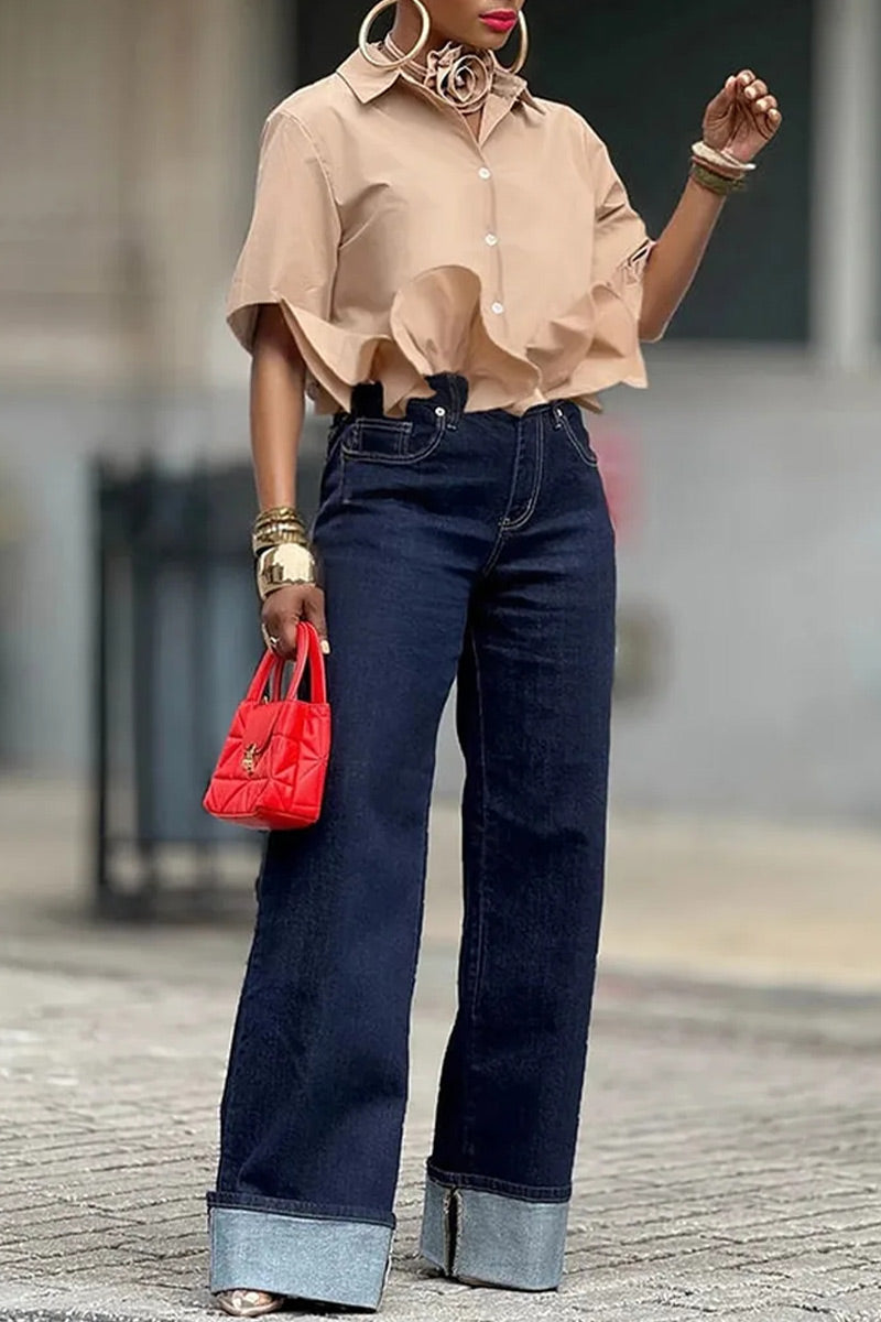 Chemisier court chic pour femme avec volants et découpe devant, manches longues lanternes