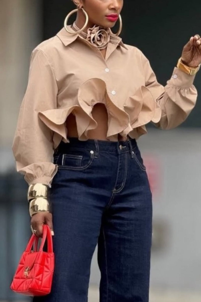 Chemisier court chic pour femme avec volants et découpe devant, manches longues lanternes