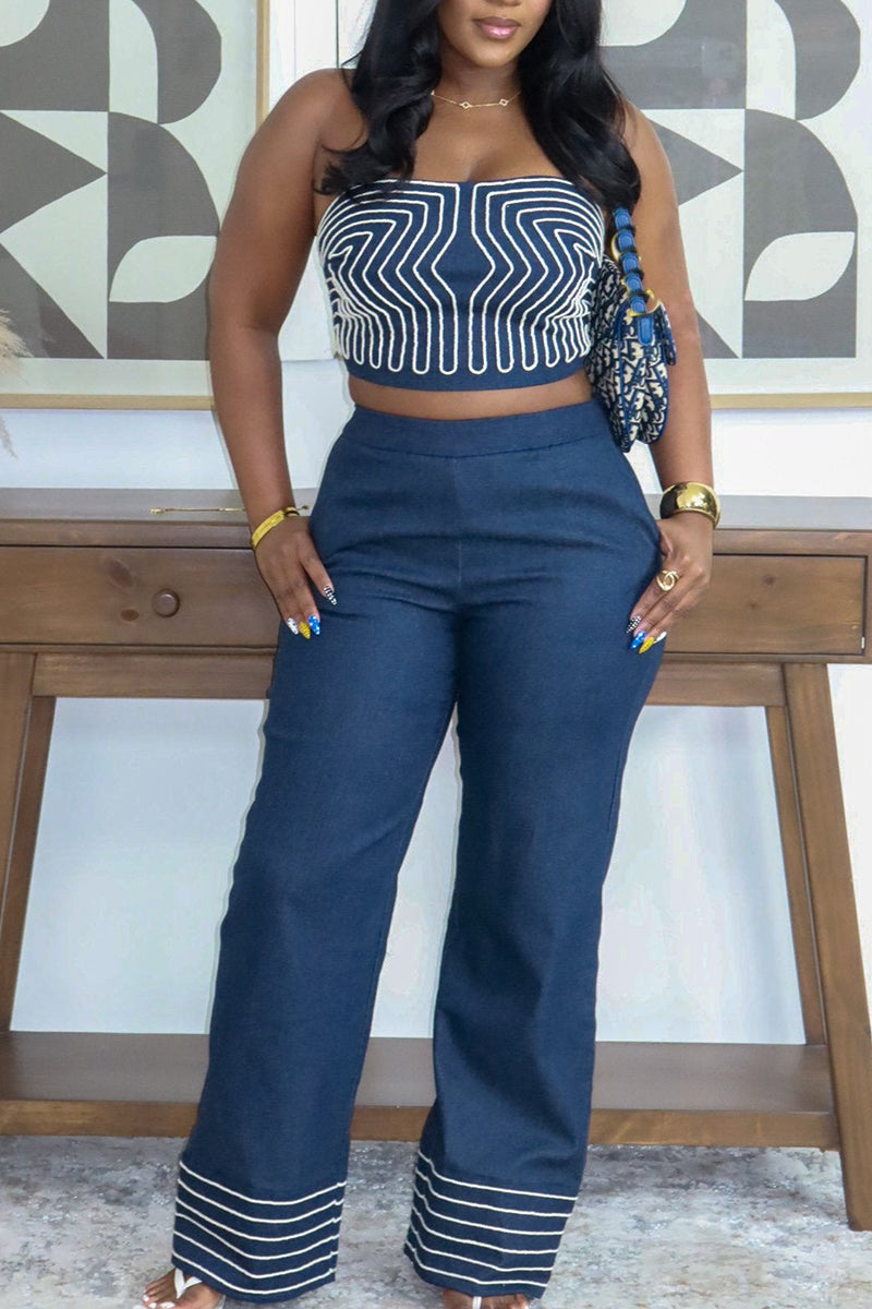 Haut de vacances sexy sans bretelles, ajusté, imprimé color block, ou pantalon large color block pour femme