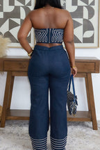 Haut de vacances sexy sans bretelles, ajusté, imprimé color block, ou pantalon large color block pour femme