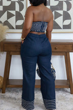 Haut de vacances sexy sans bretelles, ajusté, imprimé color block, ou pantalon large color block pour femme