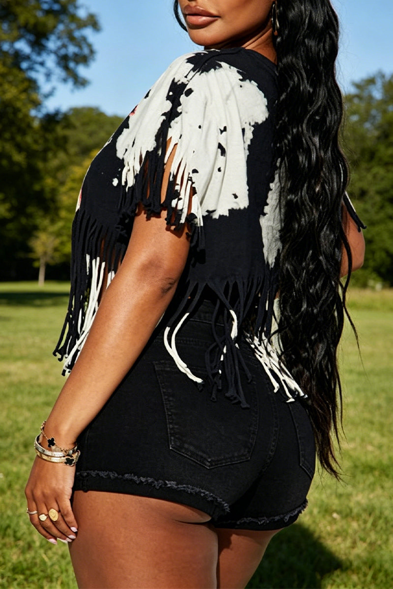 Haut décontracté sexy à col en V imprimé avec pompons pour femme