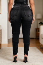 Jean slim décontracté pour femme, riveté, à empiècements en denim délavé
