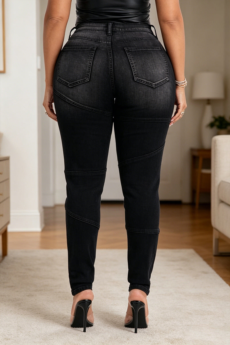 Jean slim décontracté pour femme, riveté, à empiècements en denim délavé