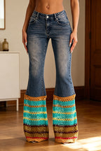 Jeans décontracté femme en maille lavée, épissée à l'eau et ajourée