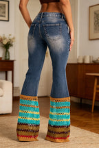 Jeans décontracté femme en maille lavée, épissée à l'eau et ajourée