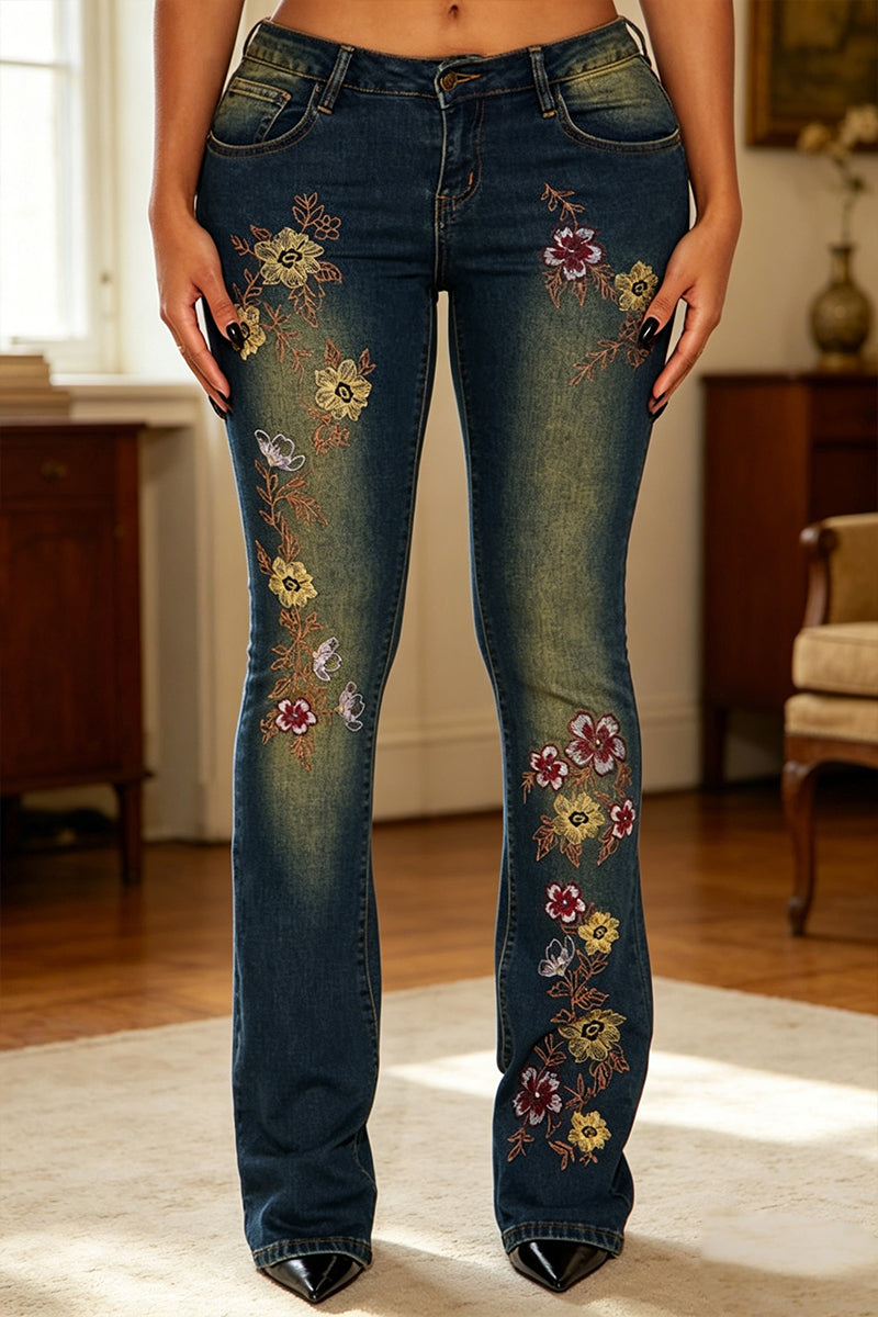 Jeans décontracté femme rétro lavé brodé de fleurs