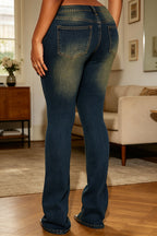 Jeans décontracté femme rétro lavé brodé de fleurs