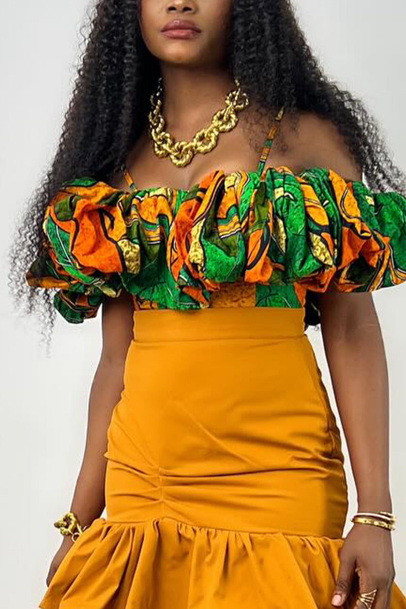 Veste Courte Zippée à Col et Demi-Manches Imprimé Lignes Courbes Abstraites Décontractée pour Femme Ou Jupe Longue Fluide Asymétrique à Fronces Latérales et Cordon de Serrage Taille Haute