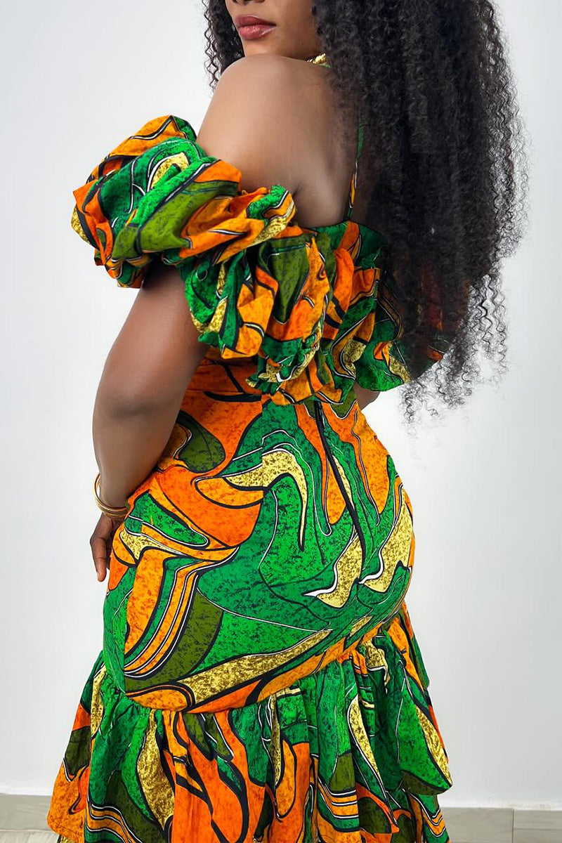 Veste Courte Zippée à Col et Demi-Manches Imprimé Lignes Courbes Abstraites Décontractée pour Femme Ou Jupe Longue Fluide Asymétrique à Fronces Latérales et Cordon de Serrage Taille Haute