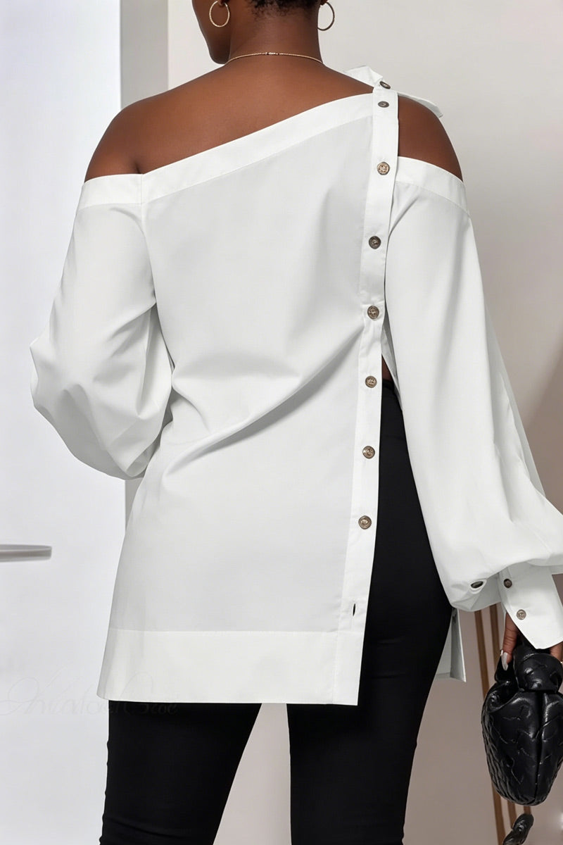 Chemisier Tunique Femme Blanc Asymétrique Épaules Dénudées Bretelles à Nouer Manches Bouffantes Fente Latérale Boutons