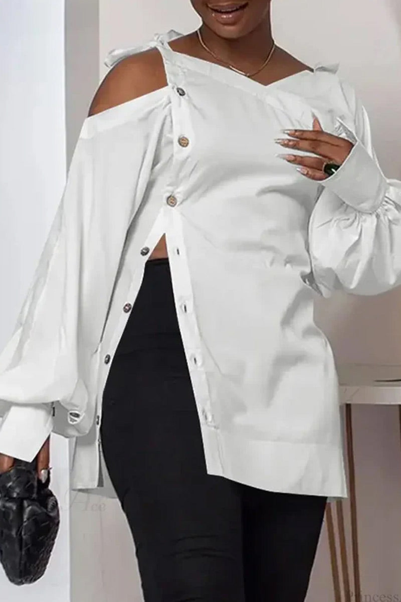 Chemisier Tunique Femme Blanc Asymétrique Épaules Dénudées Bretelles à Nouer Manches Bouffantes Fente Latérale Boutons