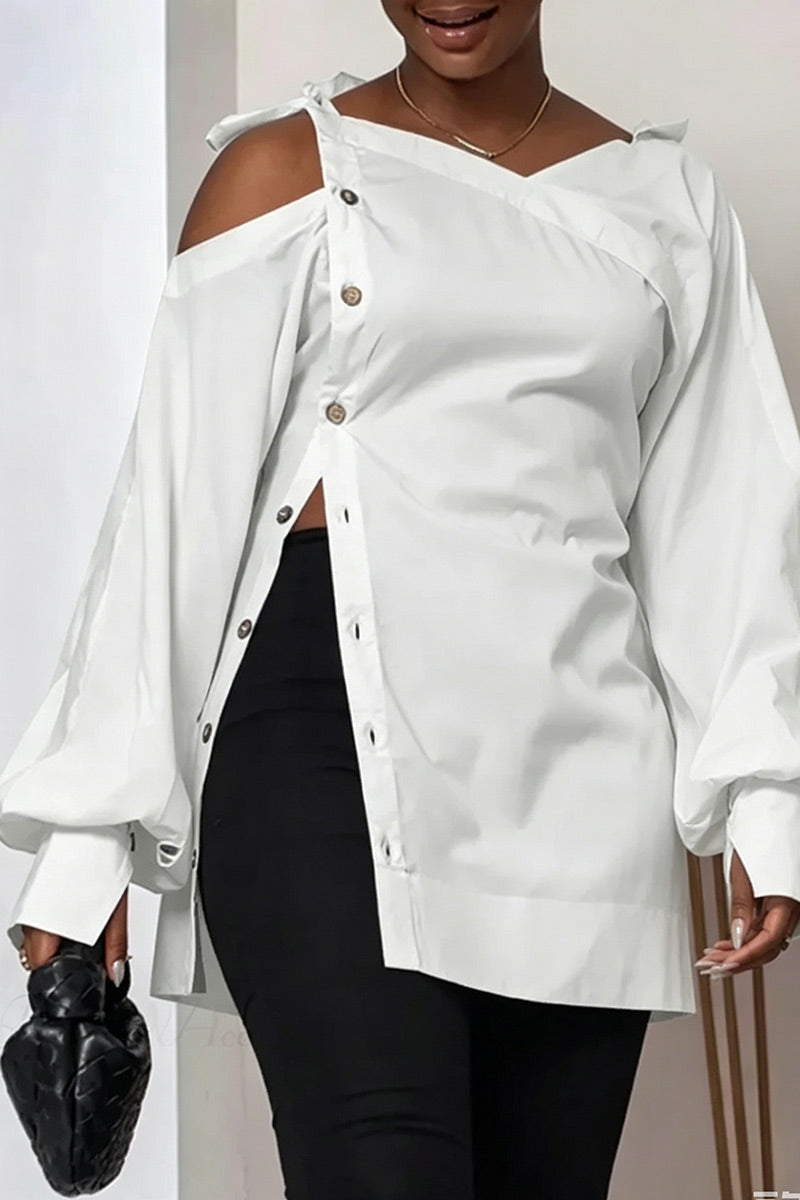 Chemisier Tunique Femme Blanc Asymétrique Épaules Dénudées Bretelles à Nouer Manches Bouffantes Fente Latérale Boutons