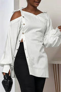 Chemisier Tunique Femme Blanc Asymétrique Épaules Dénudées Bretelles à Nouer Manches Bouffantes Fente Latérale Boutons