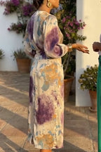 Robes mi-longues élégantes et décontractées pour femmes à imprimé col en V profond avec taille ajustée et fente