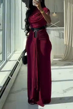 Robes longues élégantes à col rond et taille cintrée pour femme