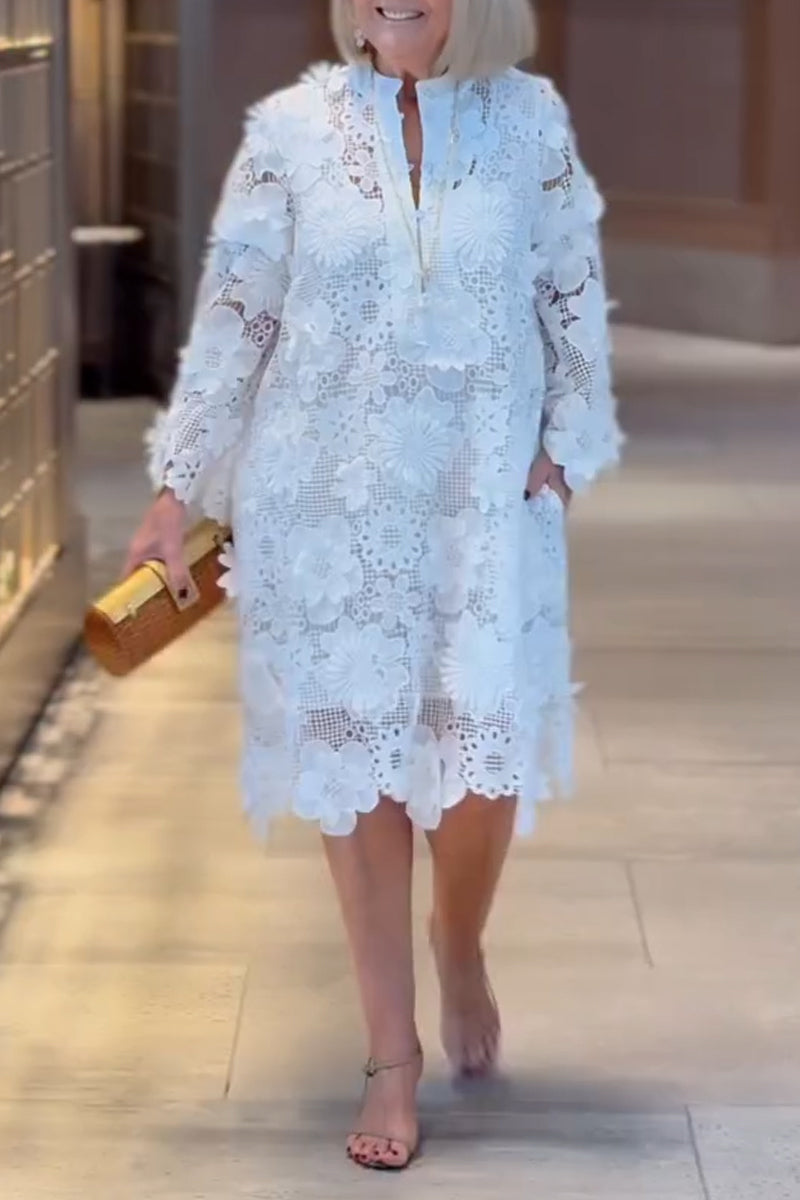 Robes Midi Évidées en Dentelle à Fleurs et Col Rond pour Femmes