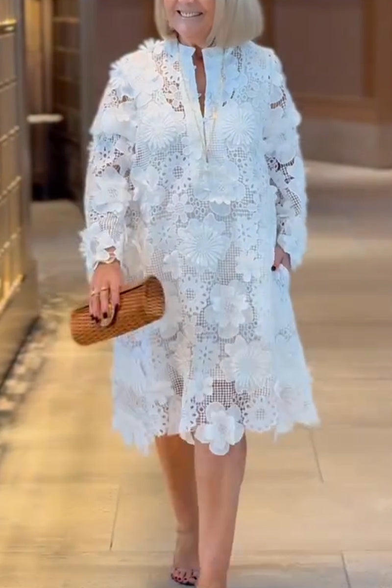 Robes Midi Évidées en Dentelle à Fleurs et Col Rond pour Femmes