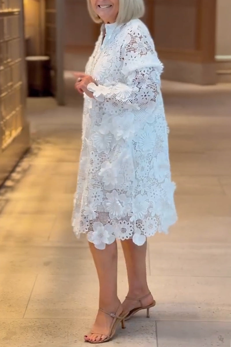 Robes Midi Évidées en Dentelle à Fleurs et Col Rond pour Femmes