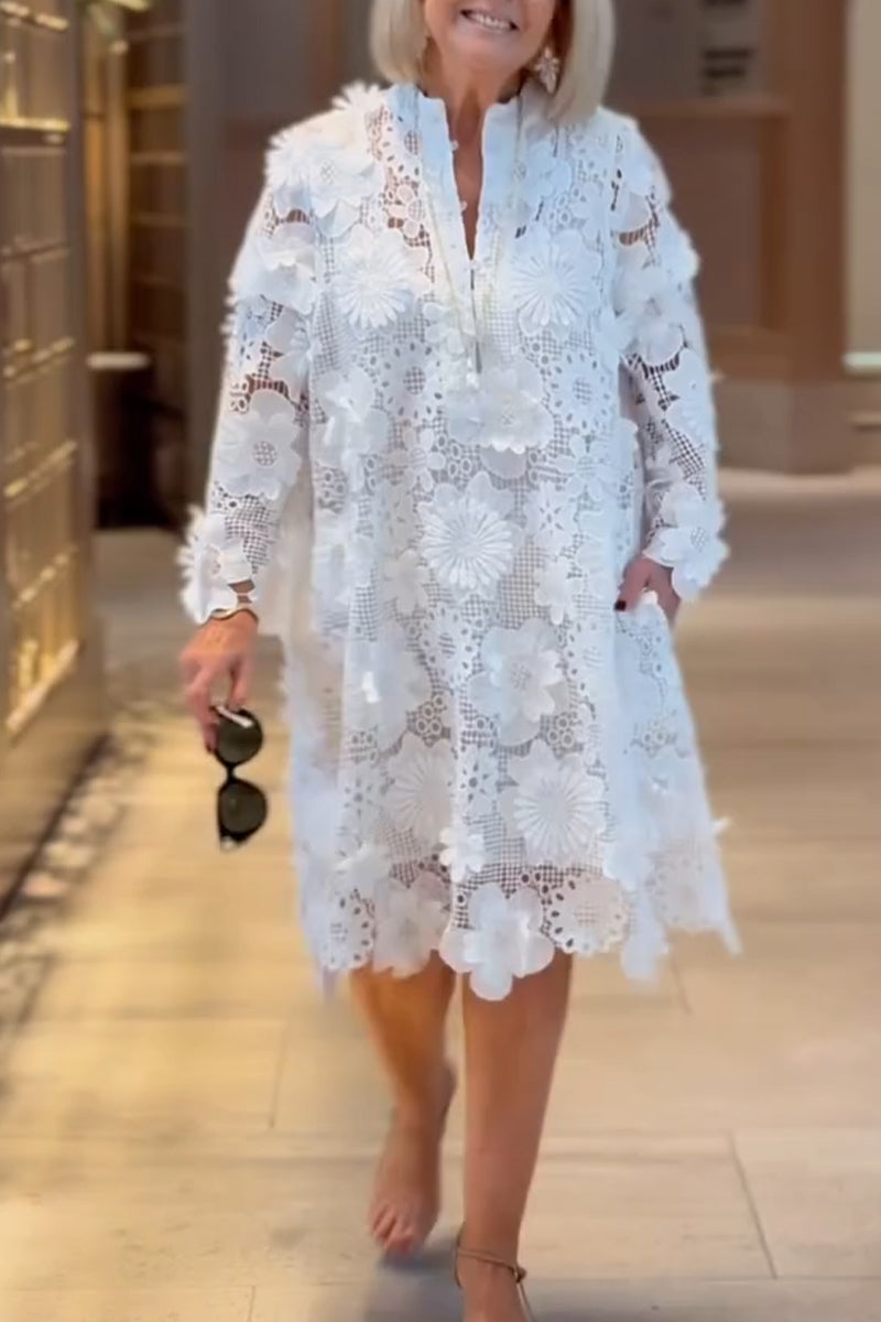 Robes Midi Évidées en Dentelle à Fleurs et Col Rond pour Femmes