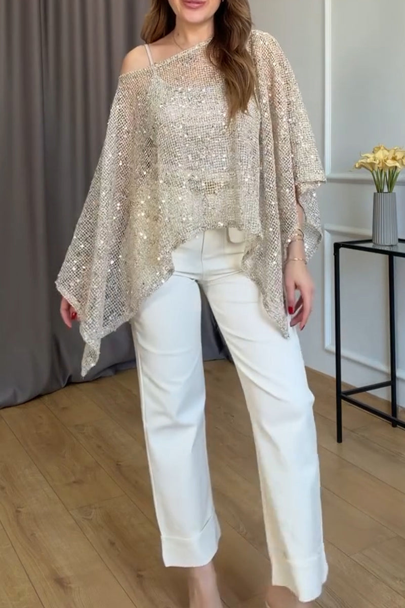 Haut transparent décontracté en résille à sequins pour femme