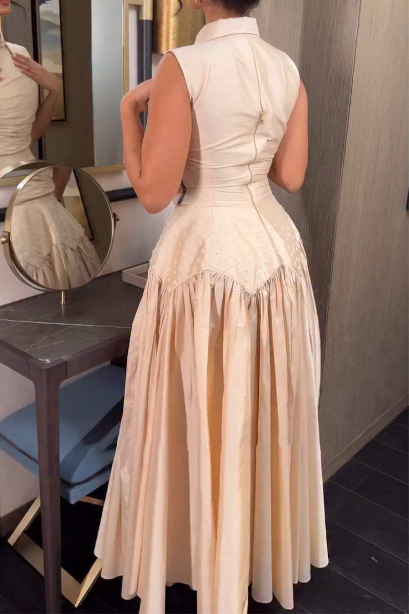 Robes longues femme élégantes à col, taille cintrée et empiècements