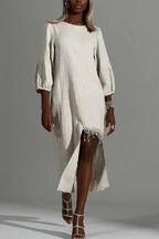 Robe décontractée élégante asymétrique en coton et lin à col rond, ornée de pompons et d'un patchwork, pour femmes
