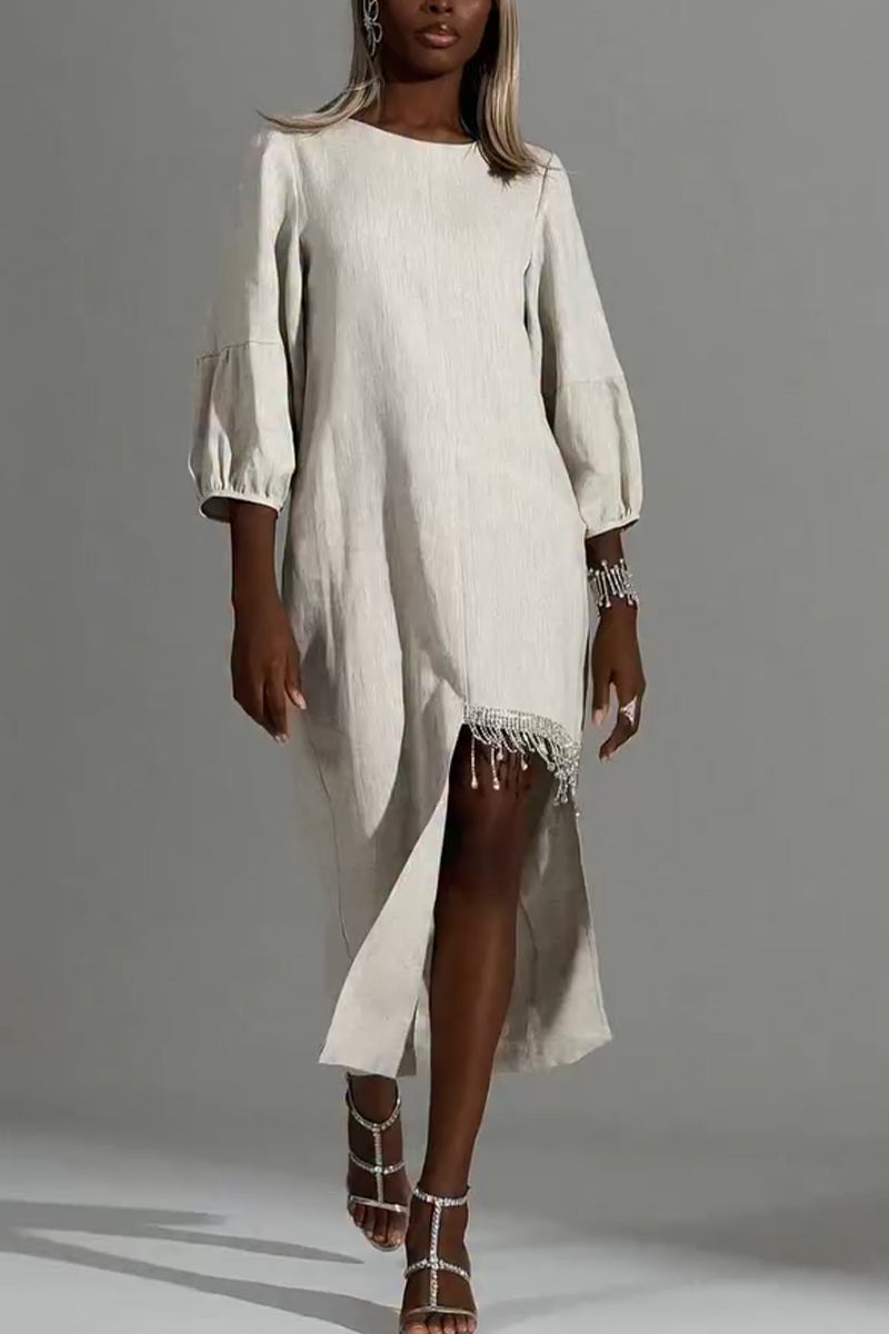 Robe décontractée élégante asymétrique en coton et lin à col rond, ornée de pompons et d'un patchwork, pour femmes