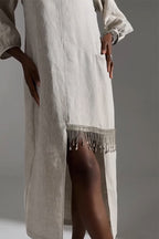 Robe décontractée élégante asymétrique en coton et lin à col rond, ornée de pompons et d'un patchwork, pour femmes