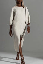 Robe décontractée élégante asymétrique en coton et lin à col rond, ornée de pompons et d'un patchwork, pour femmes