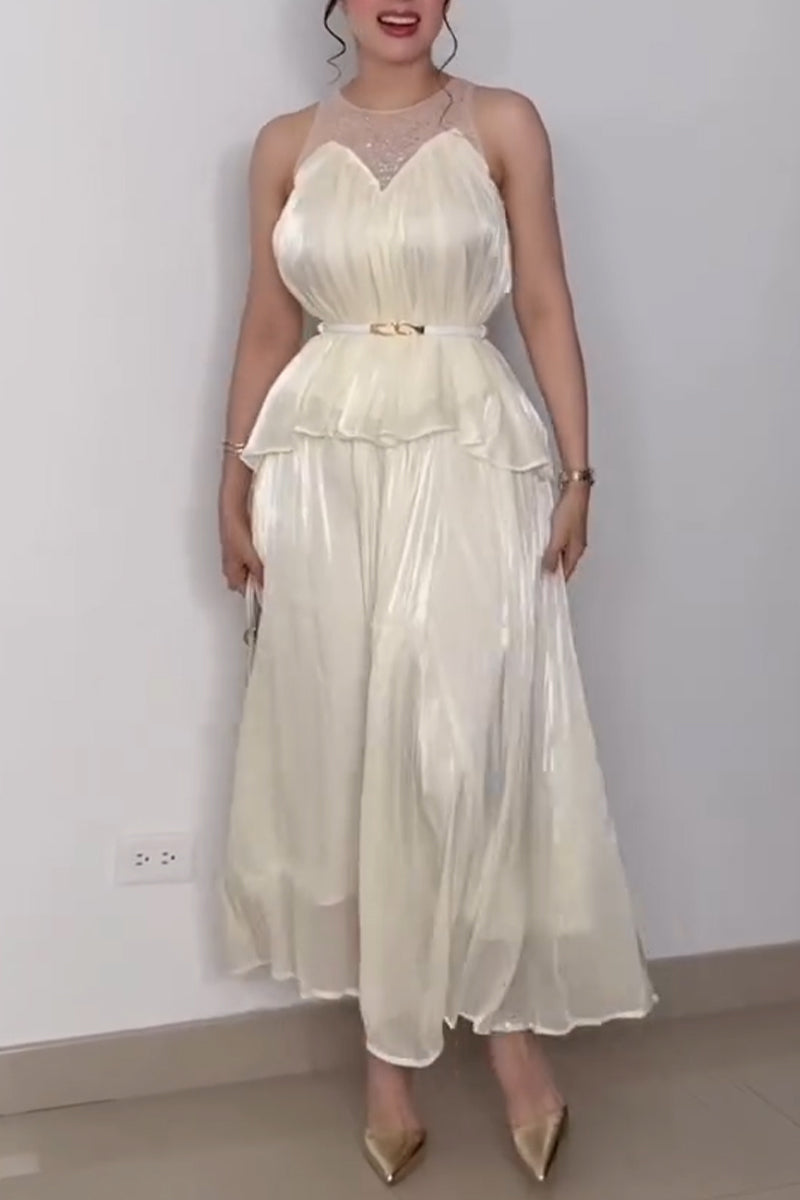Ensemble décontracté élégant pour femme : haut sans manches à col rond avec strass et jupe mi-longue
