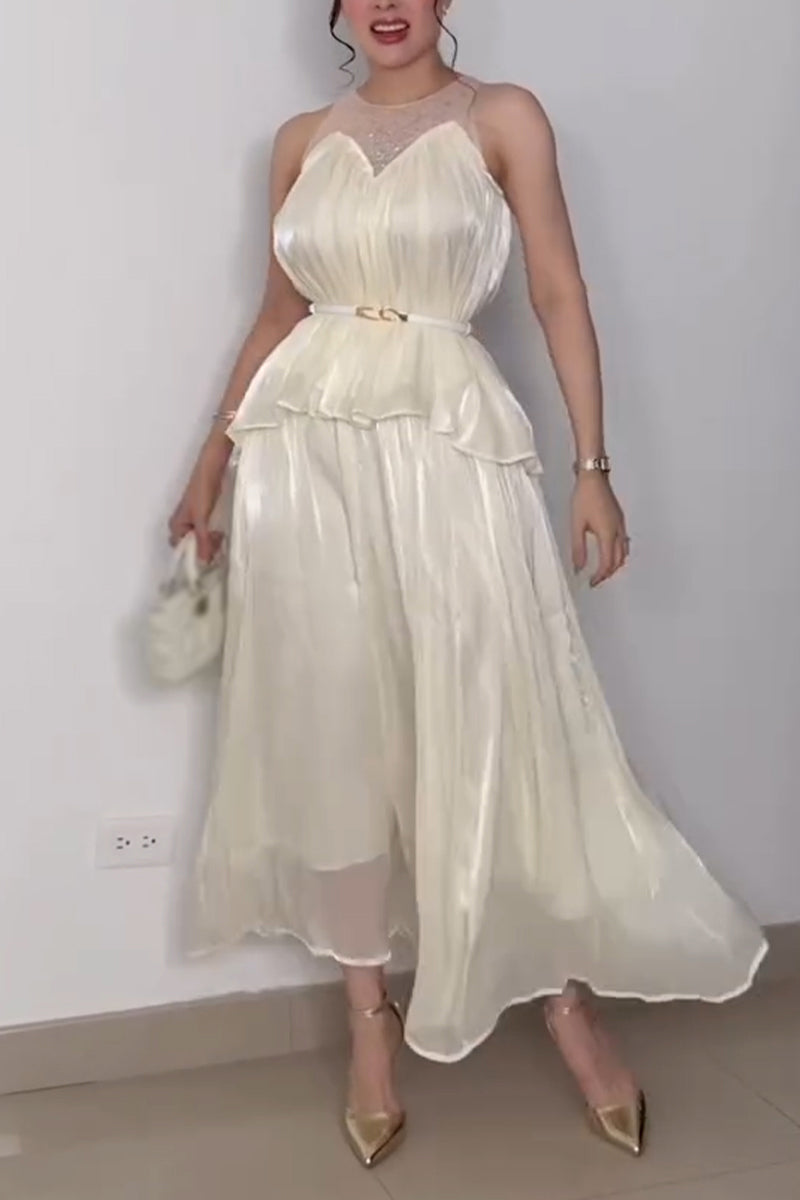 Ensemble décontracté élégant pour femme : haut sans manches à col rond avec strass et jupe mi-longue