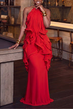 Robe longue dos nu à volants pour femme