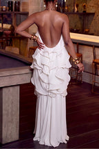 Robe longue dos nu à volants pour femme
