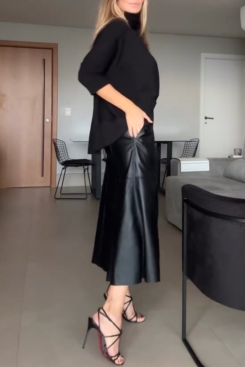 Haut col montant tempérament femme ou Jupe en cuir épissée