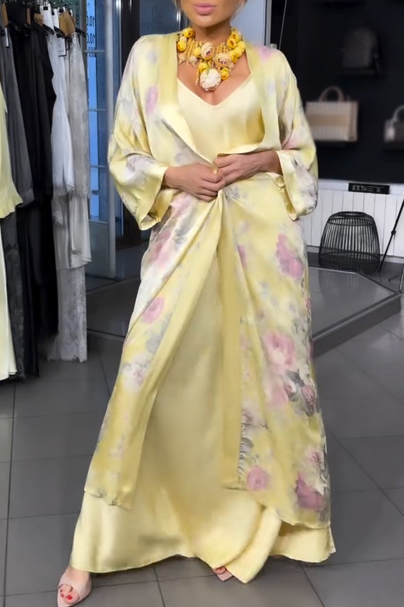 Ensemble élégant décontracté : Robe Camisole + Cardigan imprimé pour femme