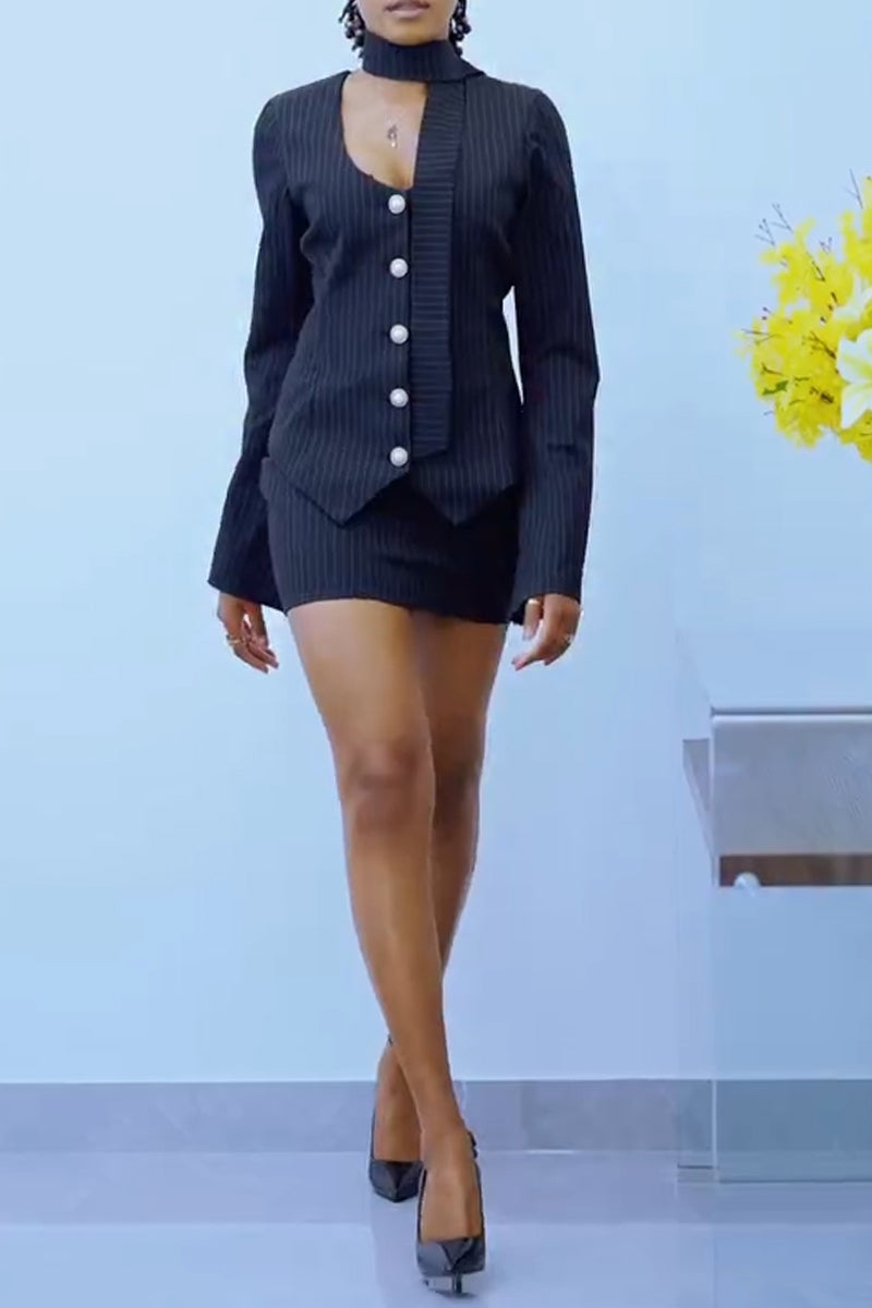 Ensemble tailleur jupe mi-longue et veste à rayures verticales boutonnée à col en V pour femme, style professionnel et élégant